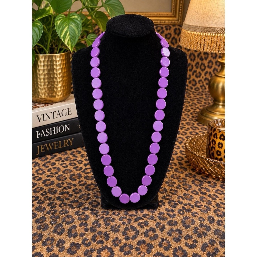 VTG 60s 70s Purple Lucite Style Disc Bead Necklace 29" Mod Retro Statement